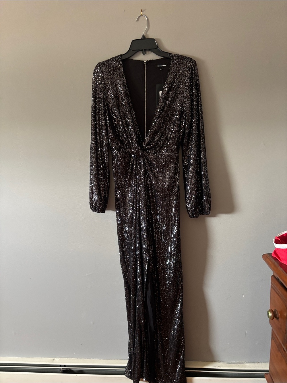 Fashion Nova Black Sequin Long-Sleeve Twist Jumpsuit